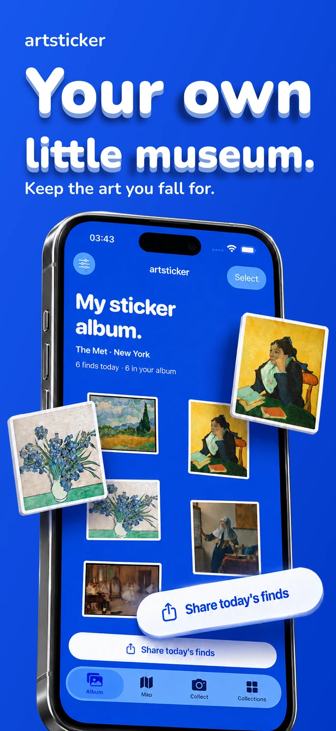 Your own little museum. Keep the art you fall for. An iPhone sticker album with collected paintings.
