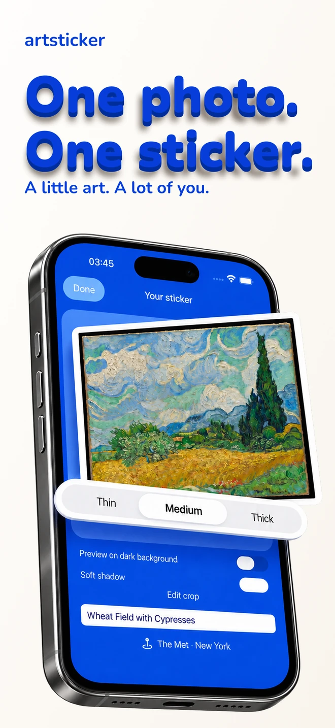 One photo. One sticker. A little art. A lot of you. ArtSticker artwork cropping and sticker preview.