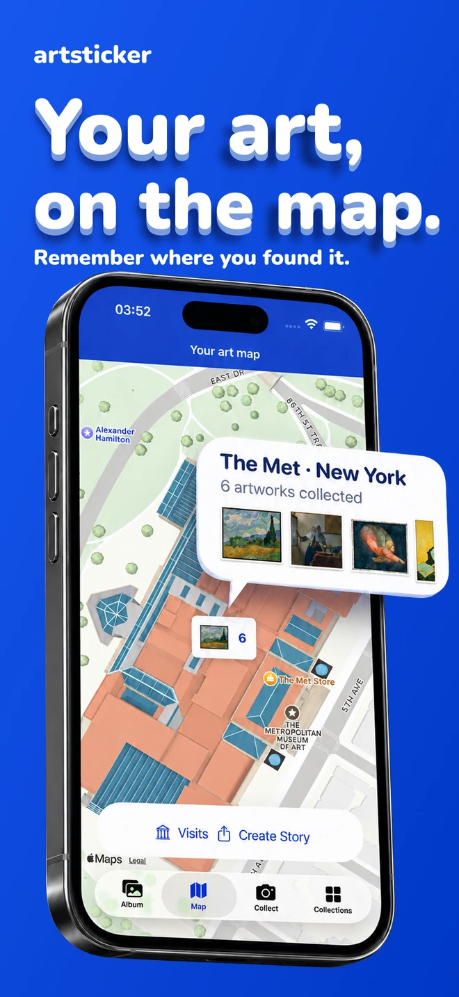 Your art, on the map. Remember where you found it. Museum locations and artwork discoveries on a map.